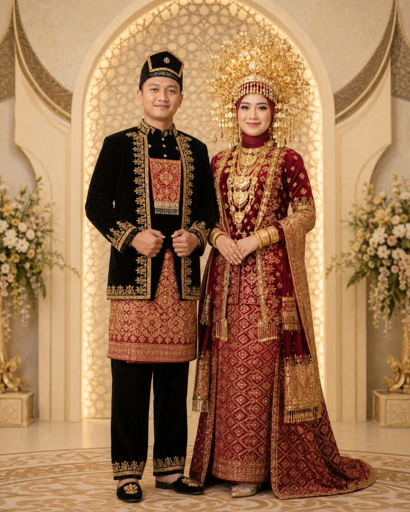 Foto pasangan pengantin memakai busana adat Minangkabau